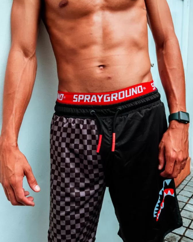 Sprayground SWIMWEAR*GREY CHECKERED SPLIT CORTO SWIM TRUNKS